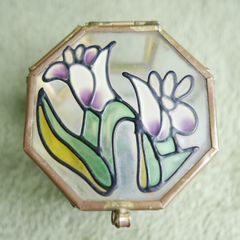 Vintage Hexagon Brass and glass-stained glass lid trinket box