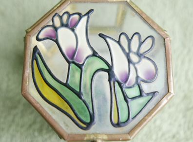 Vintage Hexagon Brass and glass-stained glass lid trinket box