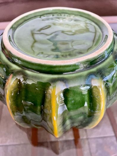 Vintage Whimsical Green Yellow Melon Bowl Flower Pot Holder Olfaire Portugal