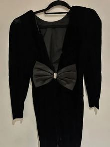 Vintage Black Velvet Evening Dress with Oversized Bow 80s Cocktail Dress
