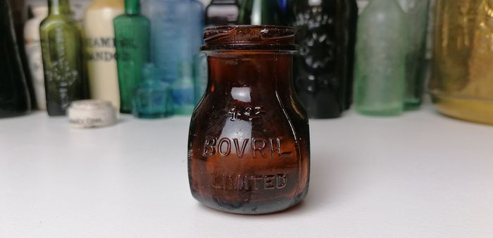 66 - Beautiful Vintage 4oz Bovril Dark Brown Glass Embossed Letters Jar