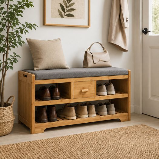Bamboo Shoe Storage Bench with Cushion Seat Drawer and Shelves Entryway Bench
