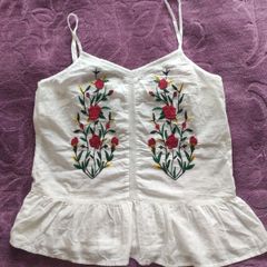 FF Tesco White Embroidered Floral Cotton Cami Top Peplum Hem