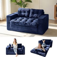 Sofa Bed, Loveseat Sofa Convertable with 2 Pillows, 2 in 1 Comfy Corduroy Sofa 2 Seater, Floor Lounger Pull Out Sleeping Area 101x196CM, 15cm Thincken Foam