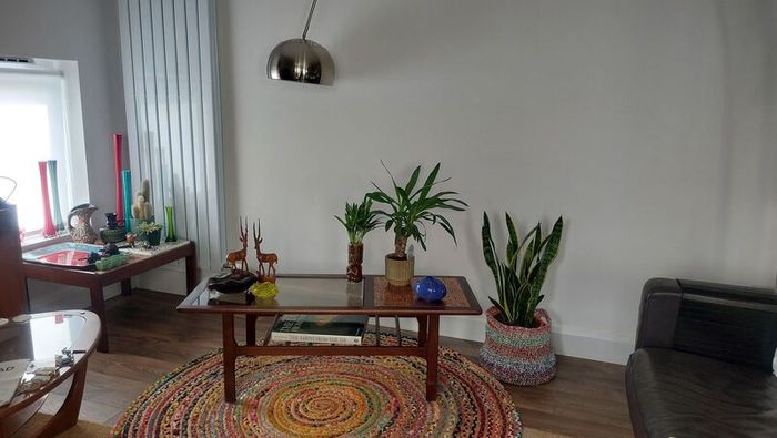 Stunning and Unique/Rare Mid Century Modern Wooden Coffee Table with Smoked Glass and Acid-Etched Copper Inlay and Slatted Magazine Shelf