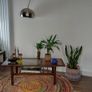 Stunning and Unique/Rare Mid Century Modern Wooden Coffee Table with Smoked Glass and Acid-Etched Copper Inlay and Slatted Magazine Shelf Image 6