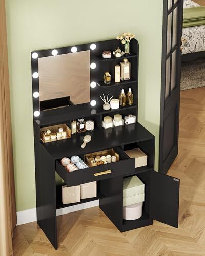 Dressing Table with Mirror and 10 LED Lights, Vanity Unit with 3 Shelves & 4 Open Compartments