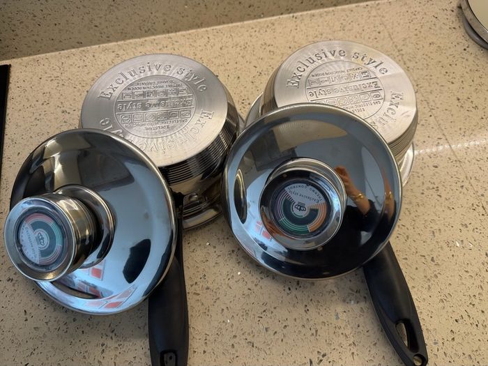 stainless steel saucepans featuring "Thermo Control" knobs on the lids
