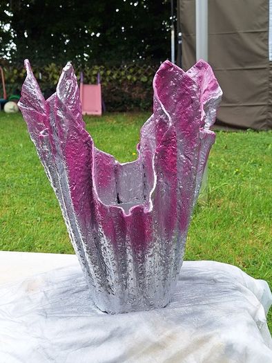 Handmade Cement Planter - Abstract Pink and Silver Concrete Flower Pot - Unique Drape Vase