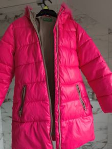 Girls pink winter puffer coat 7-8 United colours of Benetton shower resistant Lapland + free hat