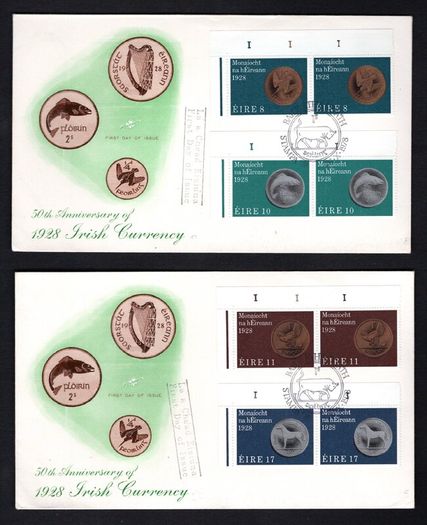 1978 Ireland 50th Anniversary of Ireland's First Coinage in 1928 Commemorative Stamps Plate Block of 2 Illustrated Hibernian First Day Cover (FDC)