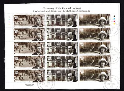 2013 Ireland Centenary of the General Lockout Commemorative Stamps Sheetlet Plate 1A1A1A1A Fine CDS Used with Dublin cancel of 22nd August 2013 (First day of issued) on envelope extract.