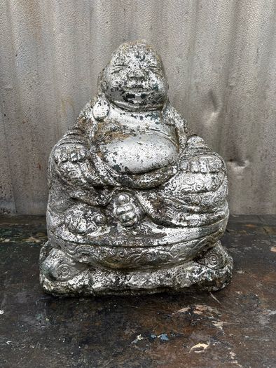 Reconstituted Silver stone Buddha garden statue.