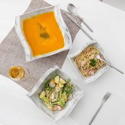 Stylish Modern Porcelain China Square 55 Piece Dinner Set, Marble Grey, Dinnerware, Dinner Party Set. Plates, Cups Mugs Bowls Egg Cups