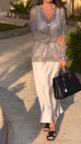 Grey satin Dress and karen Millen cardigan outfit