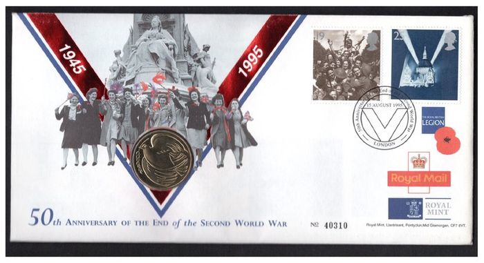 1995 England Royal Mint 50th anniversary of the End of the Second World War Philatelic Numismatic Cover (PNC) with 29p & 25p tied stamps and UK2 coin