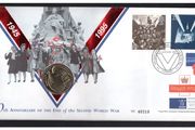 1995 England Royal Mint 50th anniversary of the End of the Second World War Philatelic Numismatic Cover (PNC) with 29p &amp; 25p tied stamps and UK2 coin