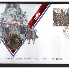 1995 England Royal Mint 50th anniversary of the End of the Second World War Philatelic Numismatic Cover (PNC) with 29p & 25p tied stamps and UK2 coin
