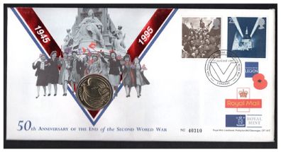 1995 England Royal Mint 50th anniversary of the End of the Second World War Philatelic Numismatic Cover (PNC) with 29p & 25p tied stamps and UK2 coin