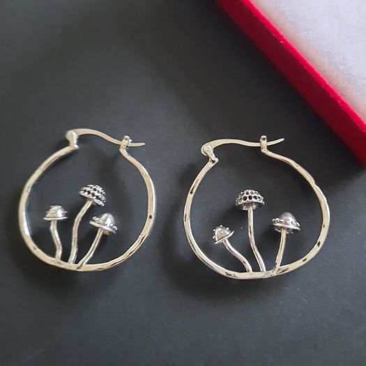 Cottagecore Mushroom Earrings Hoop Earrings Silver Tone Bohemian Fairy Nature