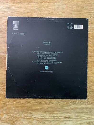 Orbital - Midnight / Choice - 12" Vinyl Single - 1991 FFRR Records