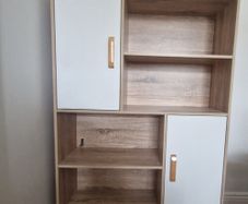 Storage Cabinet with Legs, Floor Cabinet with Doors, Shelves, Anti-Tipping Device, 4-Tier Bookshelf for Books & Photos, Tall Cupboard in Living Room, Kitchen Buffet Sideboard