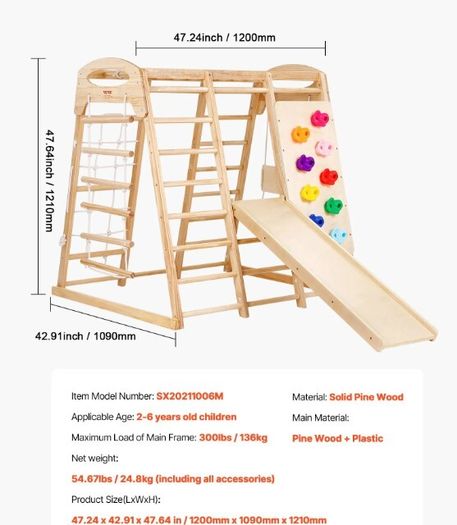 Jungle gym wooden Toddler Indoor Playground, 109 x 120 x 119.5 cm, with Wood and Rope Ladder, Net Ladder, Swing, Monkey Bar, Slide, Climbing Wall, Wooden Indoor Climbing Toys for Kids