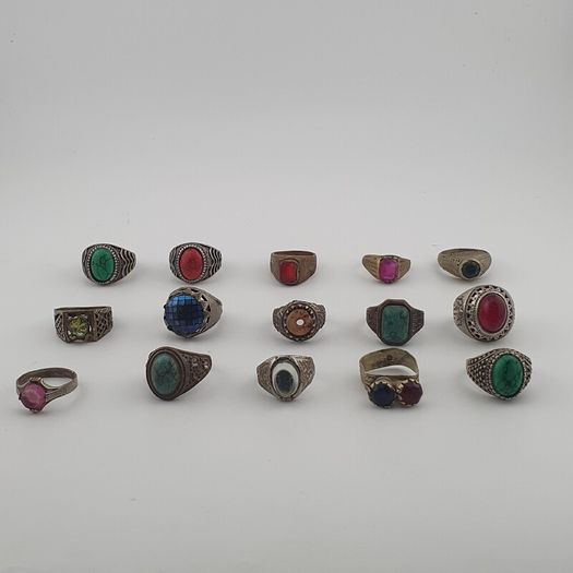 Antique Ring Lot 15 Mixed Brass, Stone & Glass Rings