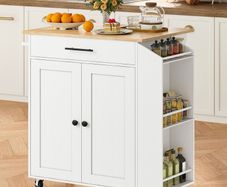 Kitchen Island with Folding Countertop, Kitchen Storage on Wheels White and Natural, Kitchen Island on Wheels, Storage Cabinet with Adjustable Shelf and Towel Rack for Kitchen and Dining Room