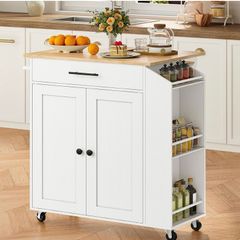 Kitchen Island with Folding Countertop, Kitchen Storage on Wheels White and Natural, Kitchen Island on Wheels, Storage Cabinet with Adjustable Shelf and Towel Rack for Kitchen and Dining Room