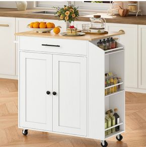 Kitchen Island with Folding Countertop, Kitchen Storage on Wheels White and Natural, Kitchen Island on Wheels, Storage Cabinet with Adjustable Shelf and Towel Rack for Kitchen and Dining Room