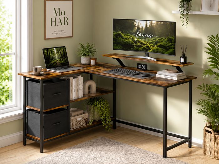 L-Shaped Corner Desk with Drawers & Monitor Shelf