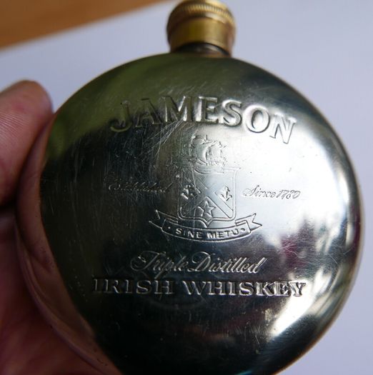 Vintage Jameson  Whiskey Hip Flask Round Flask, Pewter, brass- Screw Top