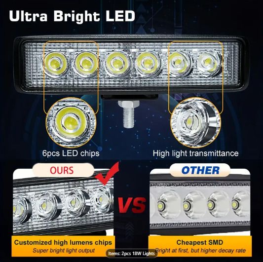 2pcs 6-Inch 18W LED Work Lights, Spotlight Off-Road LED Pods, Fog Lights, Driving Lamps with Adjustable Bracket, Ultra Bright
