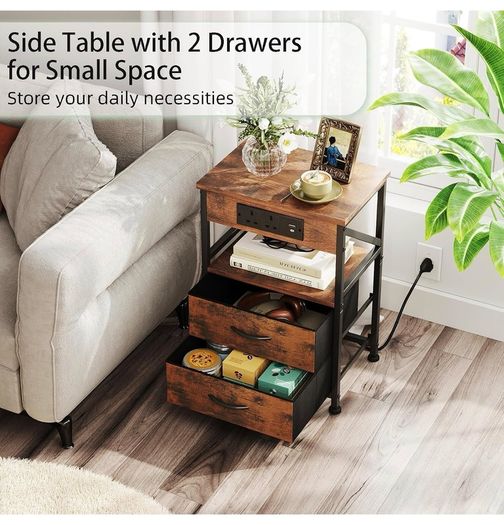 2 PCS Bedside Table with Power Strip, Bedside Cabinet with 2 Drawers, Bed Side Table for Bedroom, Night Stand, 2 AC Outlets, & 2 USB Ports, Side Table with Metal Frame, Rustic Brown