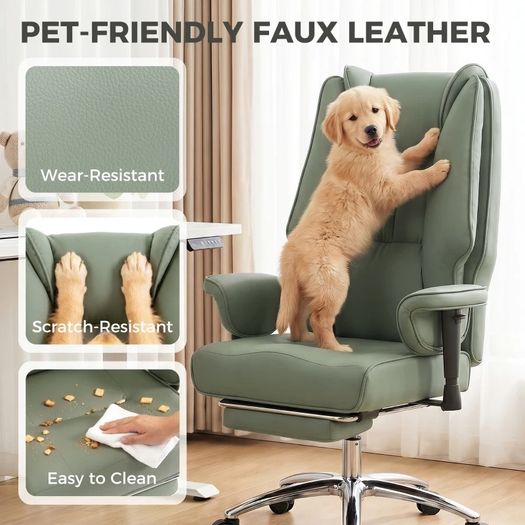 Executive Office Chair, Reclining Desk Chair with Footrest, Adjustable Armrests, Pet Friendly Faux Leather, Green