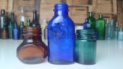 463 - Set of Three Beautiful Vintage Glass Decorative Collectible Bottles - Amber Eire Bovril, Cobalt Blue Magnesia and Turquoise Science Cream