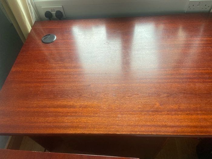 Large, very solid desk with side desk, lockable pedestal on wheels and lockable cabinet
