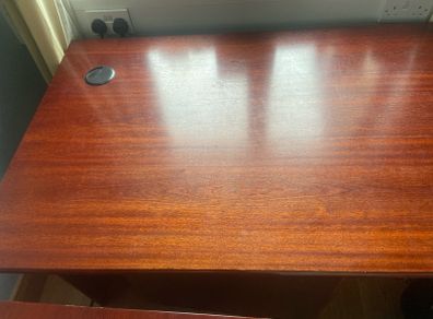 Large, very solid desk with side desk, lockable pedestal on wheels and lockable cabinet