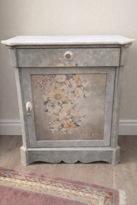 Vintage Hand-Painted Cabinet with Marble Top French Style Hall Storage Unit