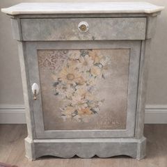 Vintage Hand-Painted Cabinet with Marble Top French Style Hall Storage Unit