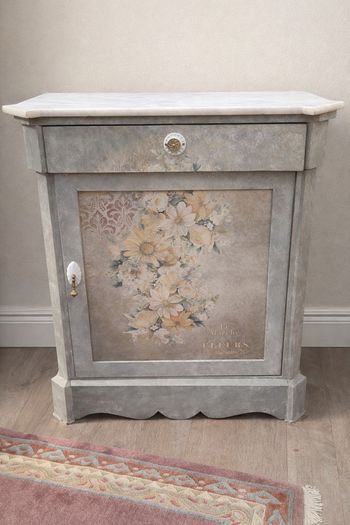 Vintage Hand-Painted Cabinet with Marble Top French Style Hall Storage Unit