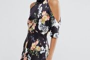 WHISTLES Floral Print Cold Shoulder Silhouette Dress