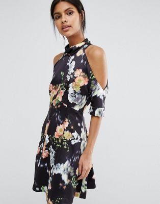 WHISTLES Floral Print Cold Shoulder Silhouette Dress