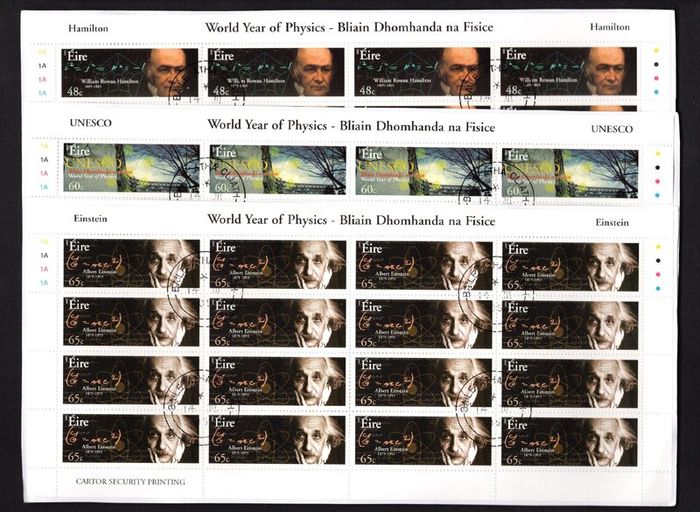 2005 Ireland World Year of Physics Commemorative Stamp Sheetlets Plate 1A1A1A1A Fine Used with Dublin cancel of 24th February 2005 (First day of issue) on envelope extract