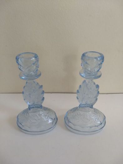 Lovely Pair of Vintage Pressed Glass Candlesticks in Pale Blue Glass with Leaves Motifs, Excellent Condition