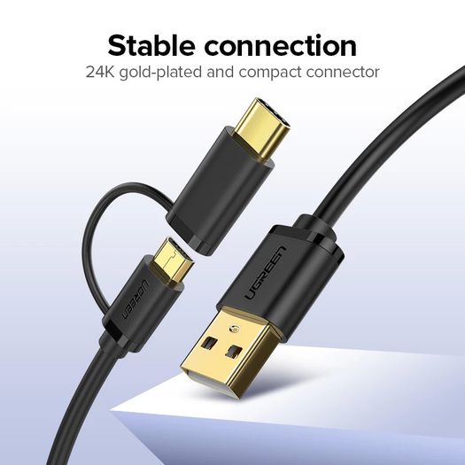 Ugreen 1M 2-in-1 (USB-C & Micro USB) QC 3.0 Fast Charger & Data Sync Gold Plated Cable (Brand New/Warranty)
