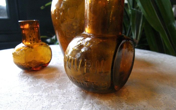 Set of 3 Antique Amber Glass Bottles - OXO 16oz & Bovril 2oz & 1/2oz. c.1900-1930. Excellent Antique Condition