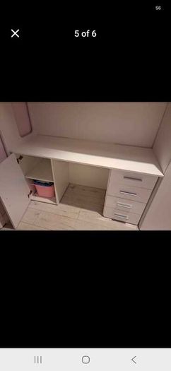 White high sleeper bed with desk, wardrobe and storage steps