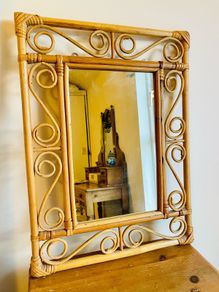 Vintage 1970s Bamboo Rattan Wall Mirror French Riviera Boho